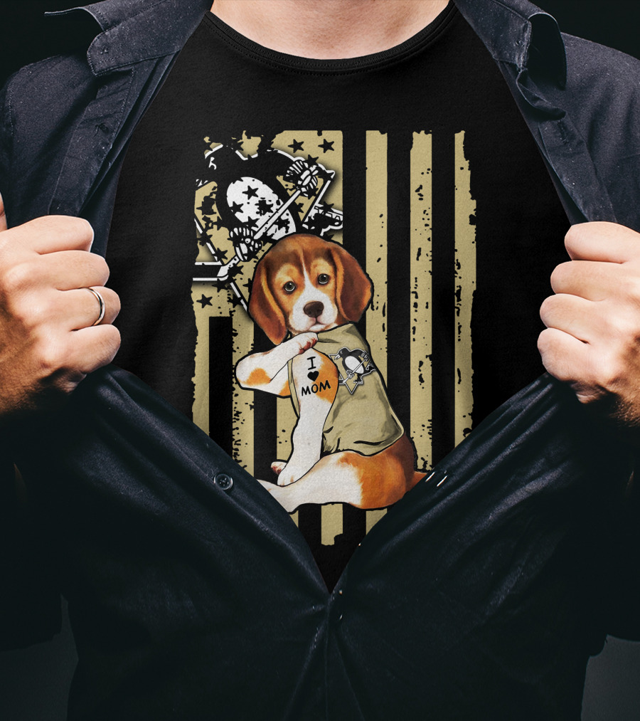 Beagle I Love Mom Pittsburgh Penguins American Flag T-Shirt