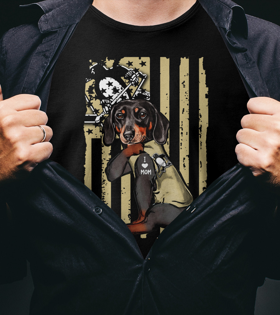 Pittsburgh Penguins Dachshund I Love Mom American Flag T-Shirt