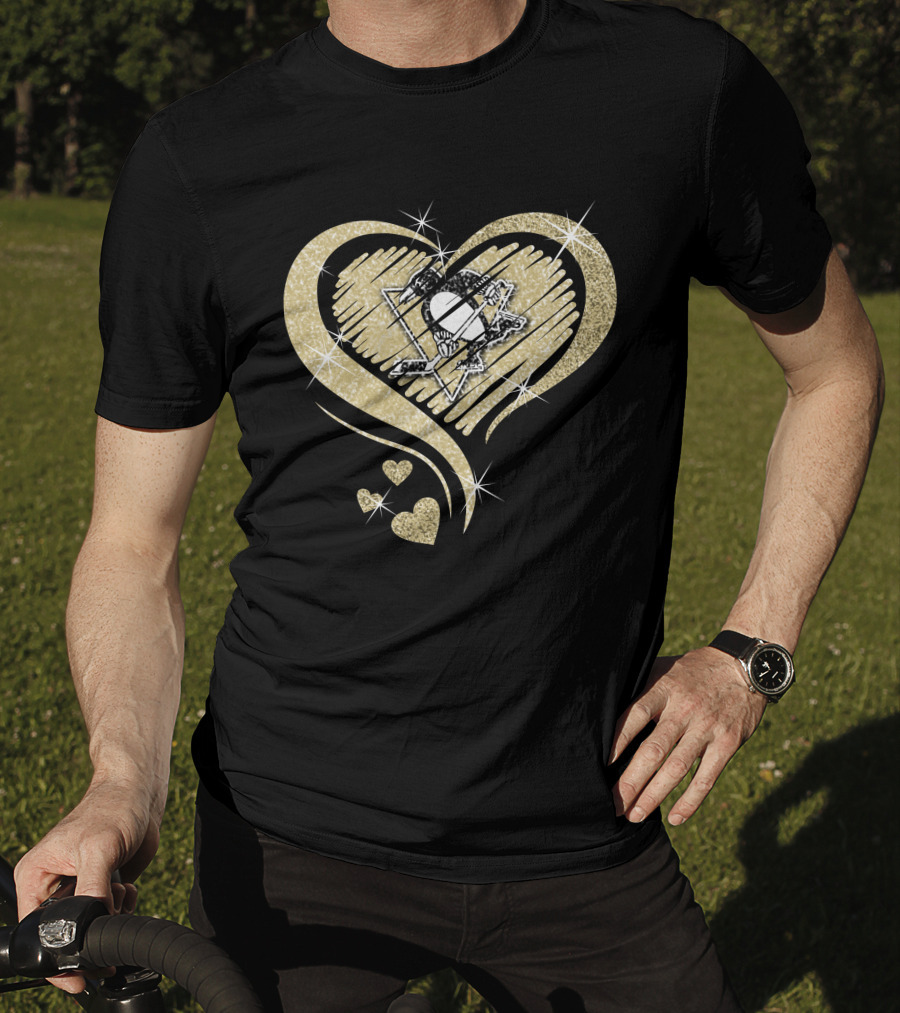 Heart Diamond Pittsburgh Penguins Logo Gold Sparkle T-Shirt