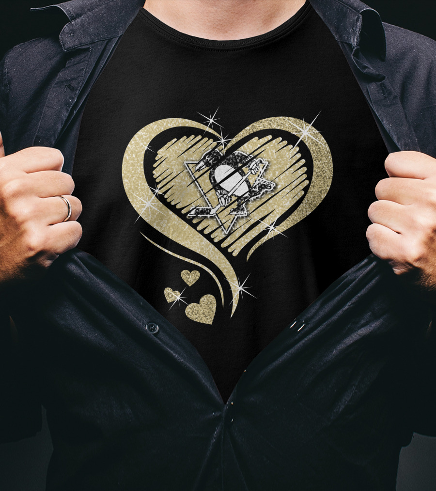 Heart Diamond Pittsburgh Penguins Logo Gold Sparkle T-Shirt
