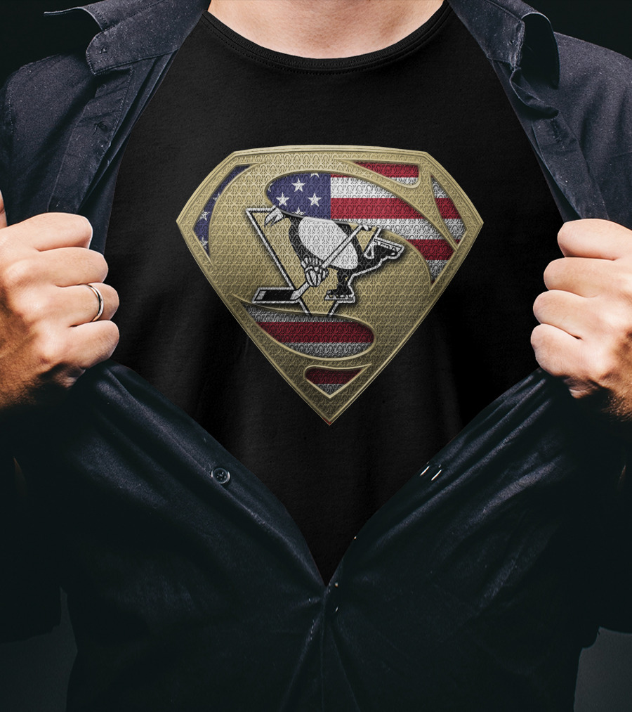 Pittsburgh Penguins American Flag Superman Shield T-Shirt