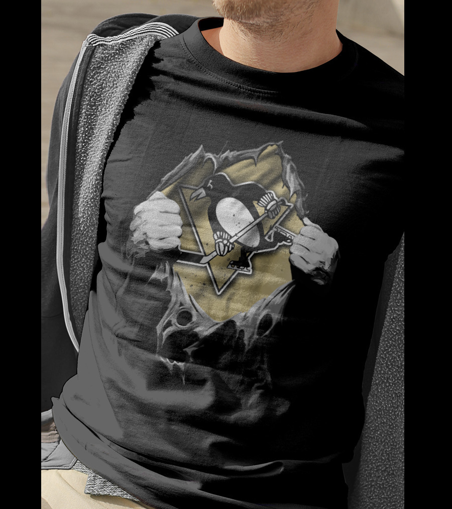Pittsburgh Penguins Torn Hockey Logo With Ripped Hands T-Shirt
