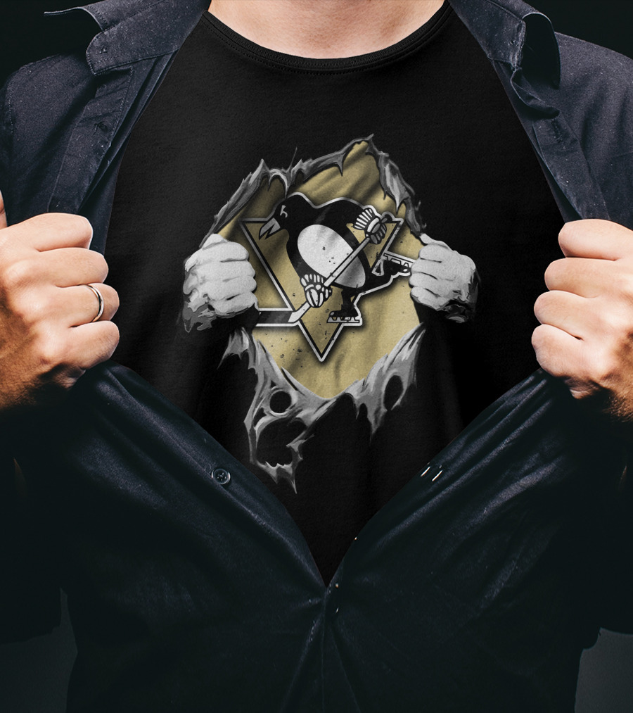 Pittsburgh Penguins Torn Hockey Logo With Ripped Hands T-Shirt