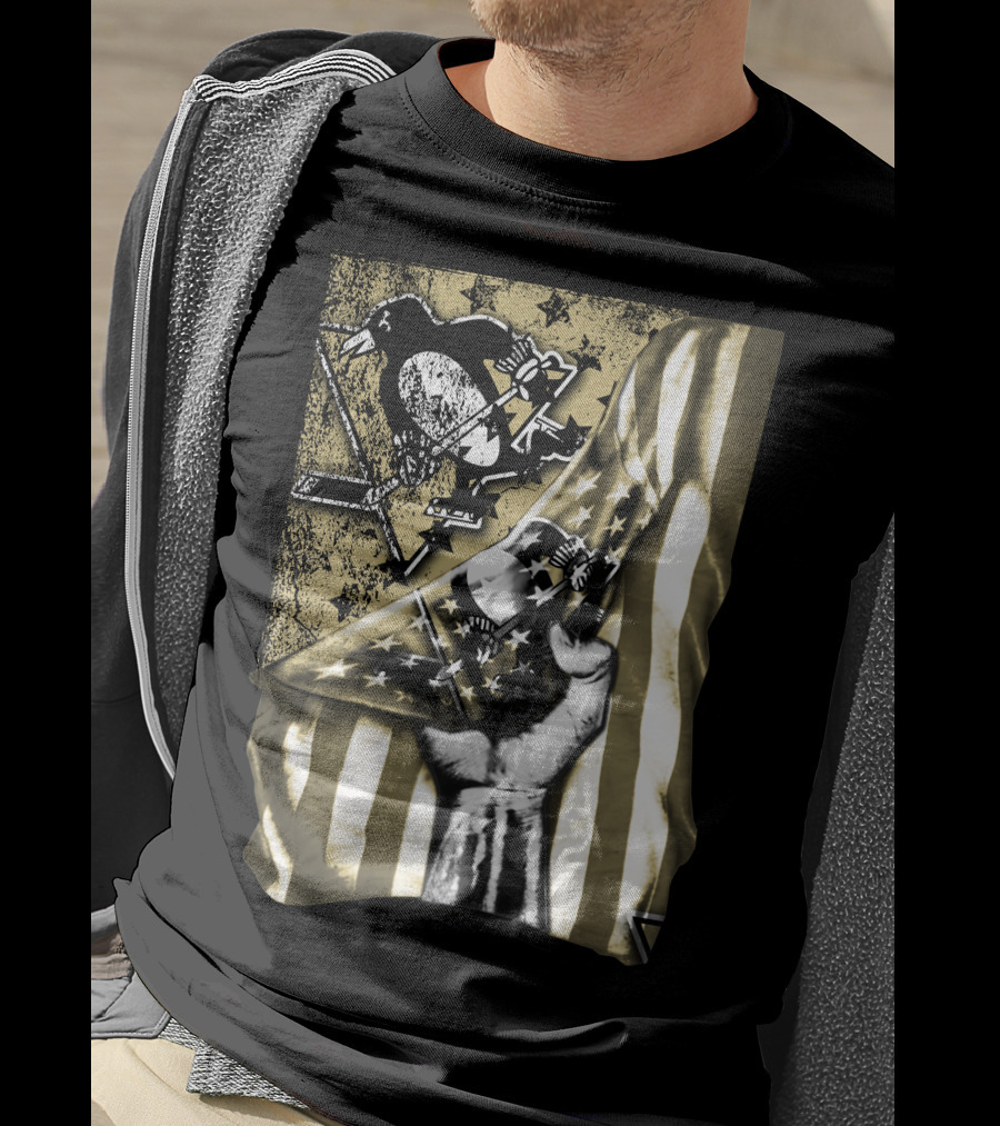 Pittsburgh Penguins Logo With American Flag And Raised Fist T-Shirt