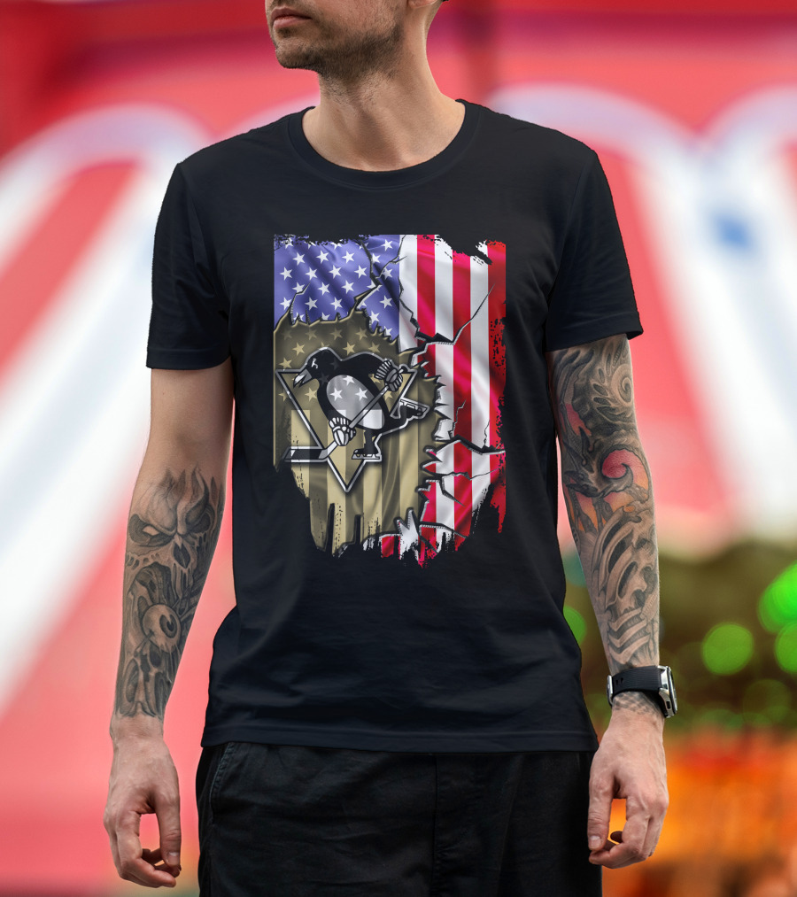Pittsburgh Penguins American Flag Ripped Background T-Shirt