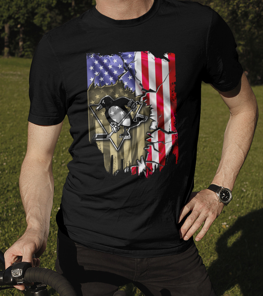 Pittsburgh Penguins American Flag Ripped Background T-Shirt
