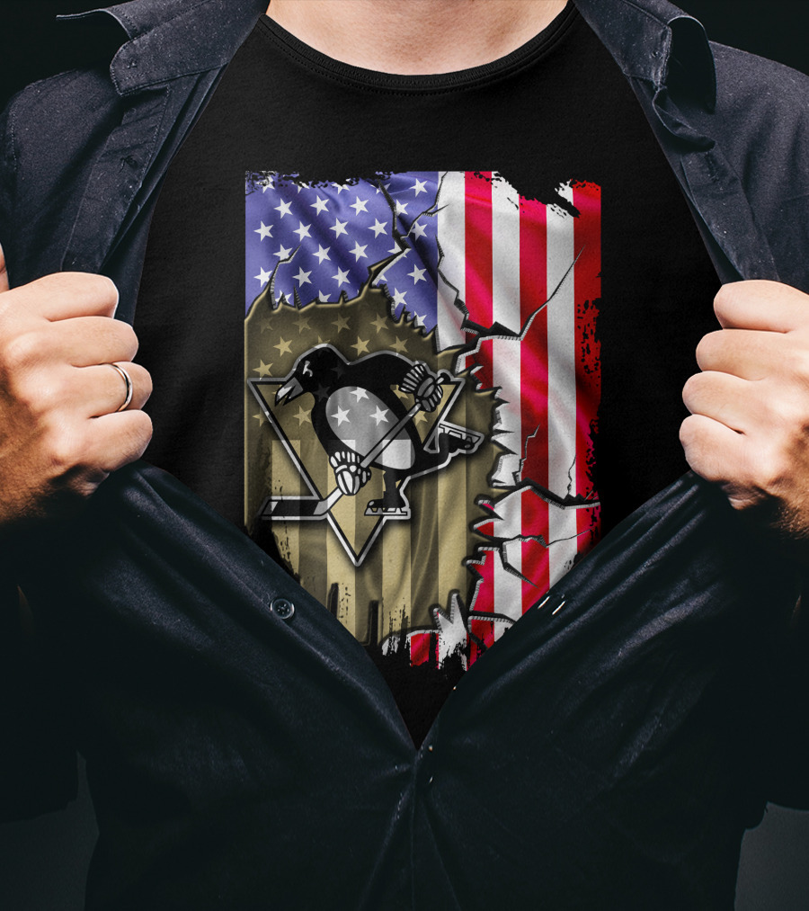 Pittsburgh Penguins American Flag Ripped Background T-Shirt