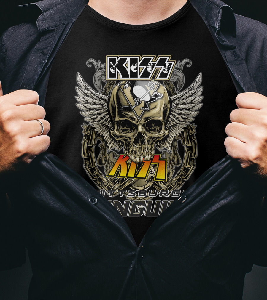 Kiss Pittsburgh Penguins Skull Wings Chains T-Shirt