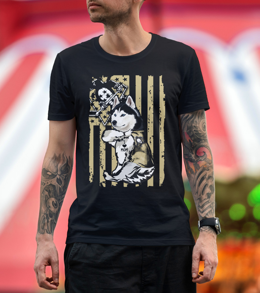 Siberian Husky I Love Mom Pittsburgh Penguins Hockey Star Flag T-Shirt