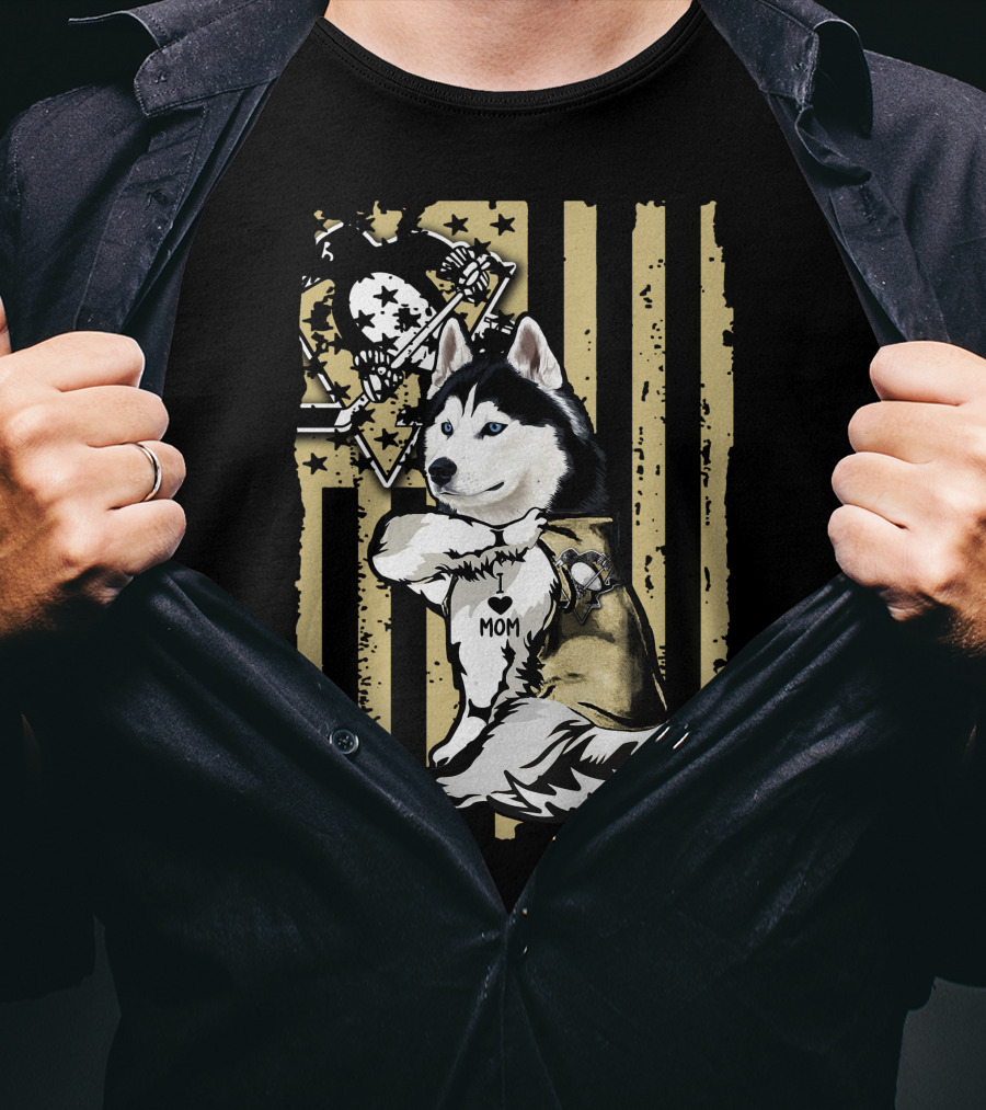 Siberian Husky I Love Mom Pittsburgh Penguins Hockey Star Flag T-Shirt