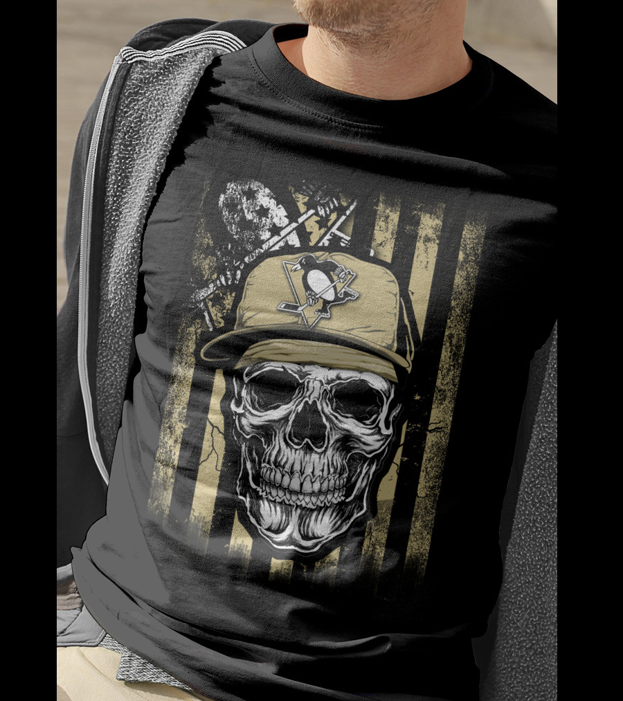 Skull Wearing Pittsburgh Penguins Logo Cap On T-Shirt