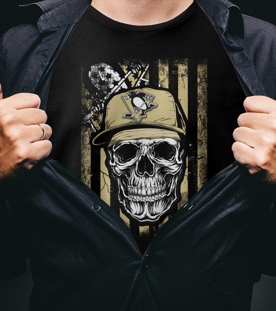 Skull Wearing Pittsburgh Penguins Logo Cap On T-Shirt