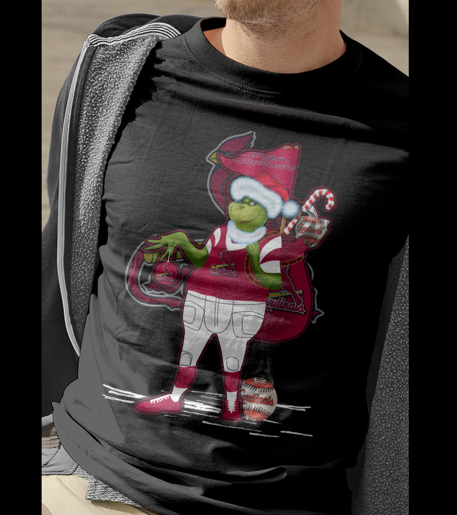 Grinchmas St. Louis Cardinals Christmas Baseball Character With Candy Cane And Baseball Gear T-Shirt