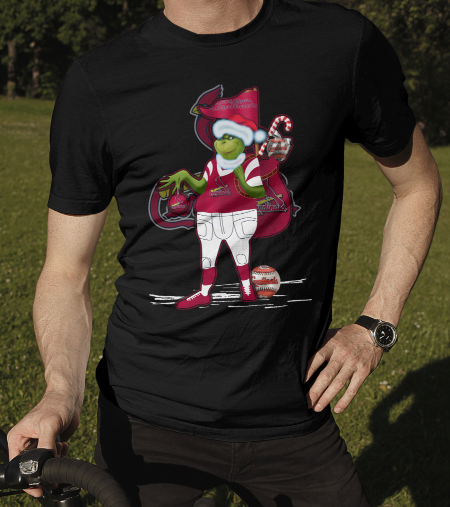 Grinchmas St. Louis Cardinals Christmas Baseball Character With Candy Cane And Baseball Gear T-Shirt