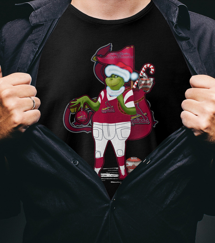 Grinchmas St. Louis Cardinals Christmas Baseball Character With Candy Cane And Baseball Gear T-Shirt
