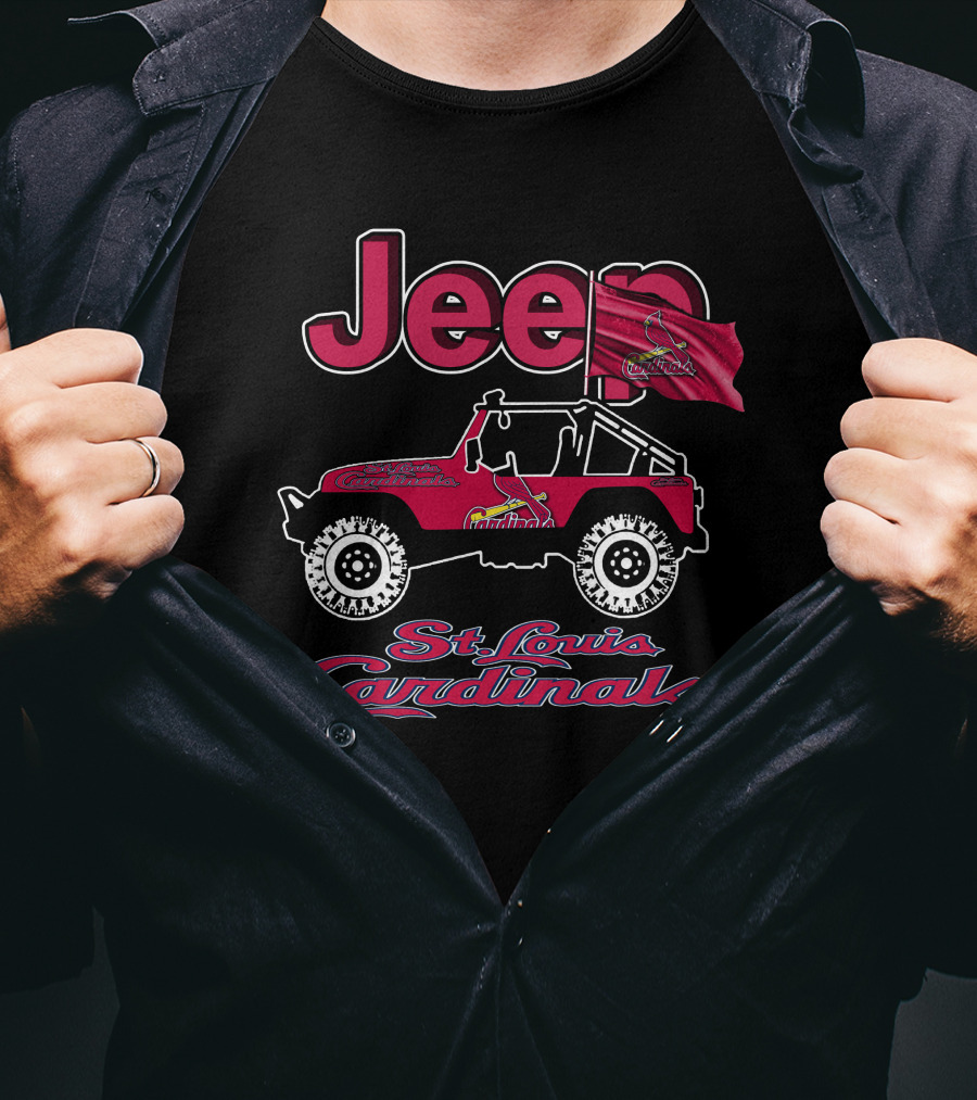 Jeep St. Louis Cardinals Logo With Red Off-Road Vehicle And Flag T-Shirt