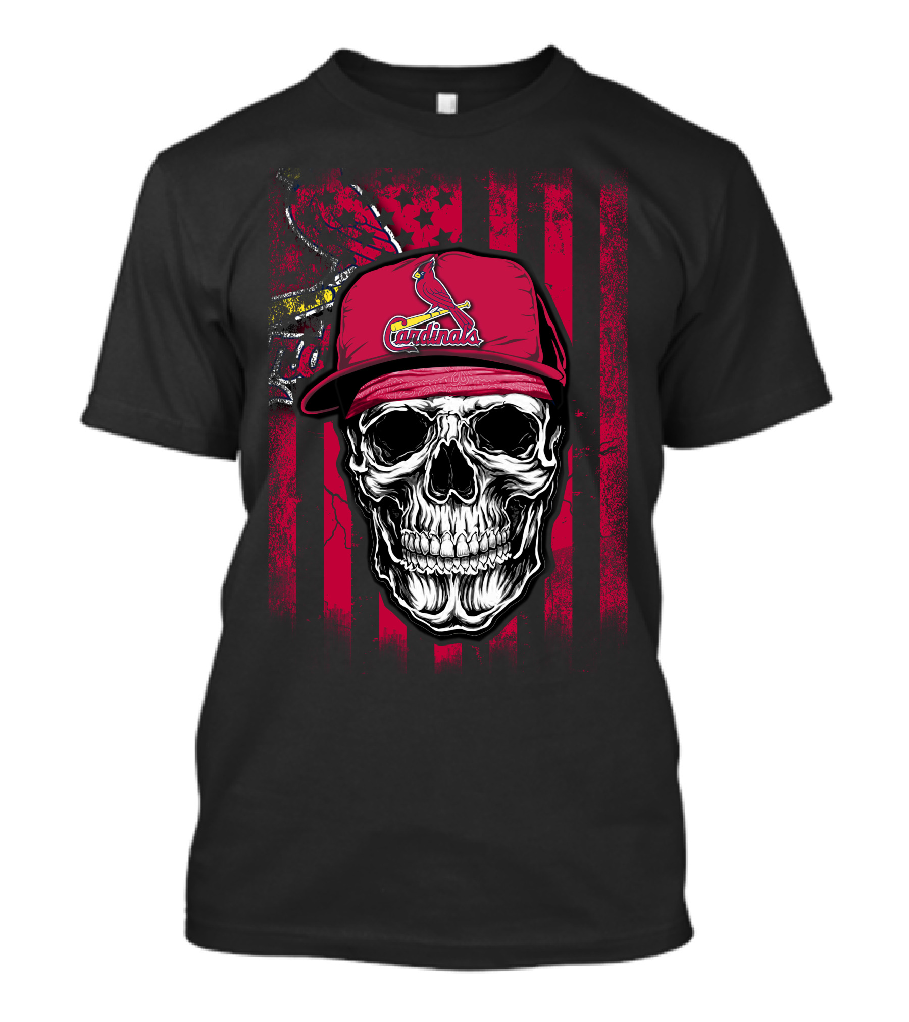 Skull St. Louis Cardinals Hat With American Flag Background T-Shirt