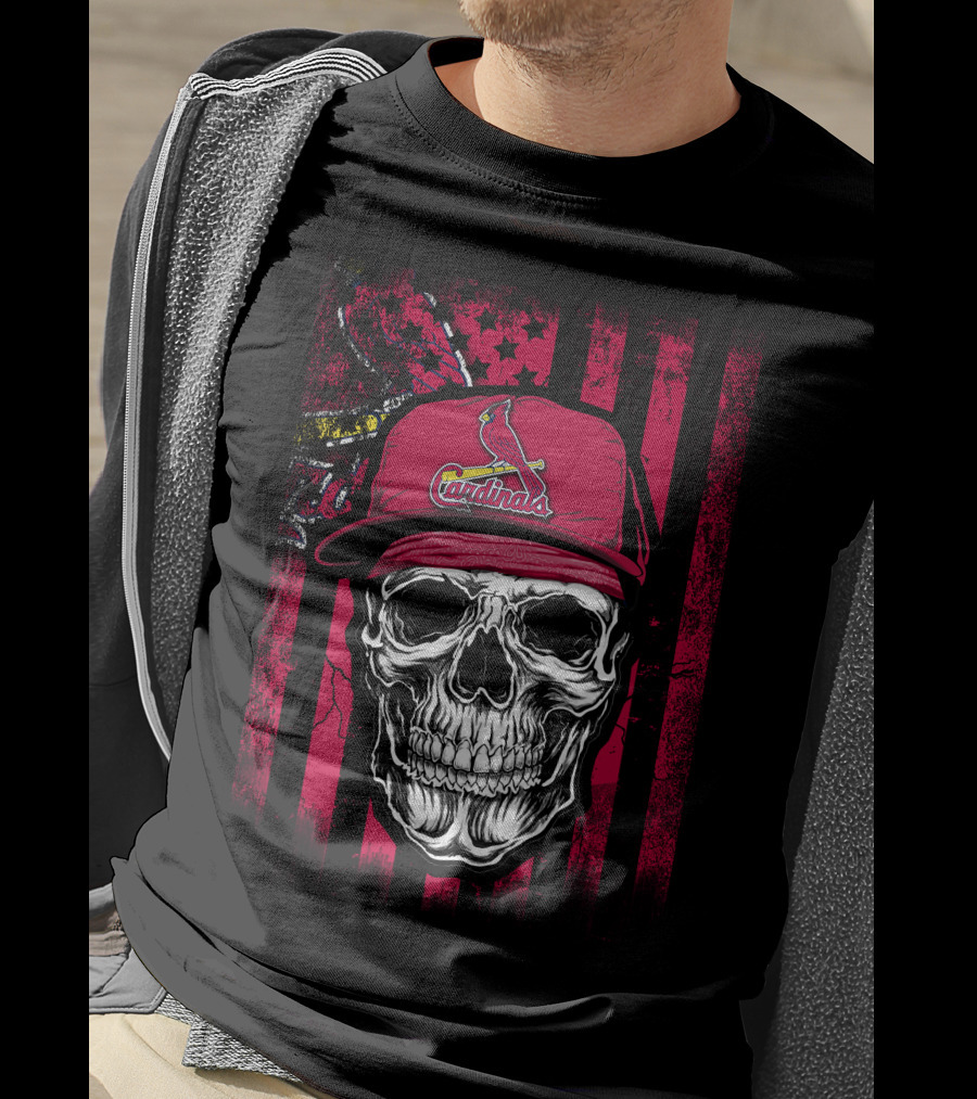 Skull St. Louis Cardinals Hat With American Flag Background T-Shirt