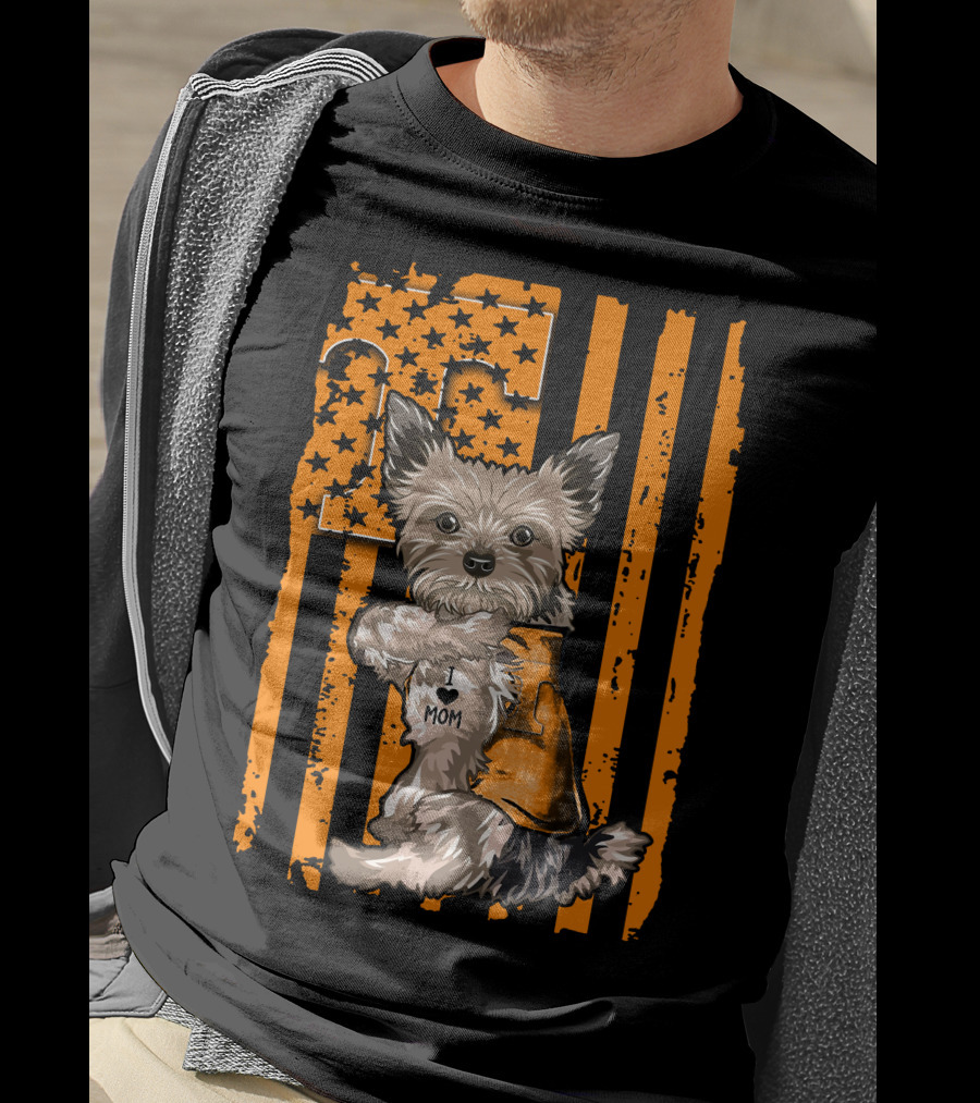 Yorkshire Terrier I Love Mom Tennessee Volunteers Orange Stars And Stripes Football Flag T-Shirt