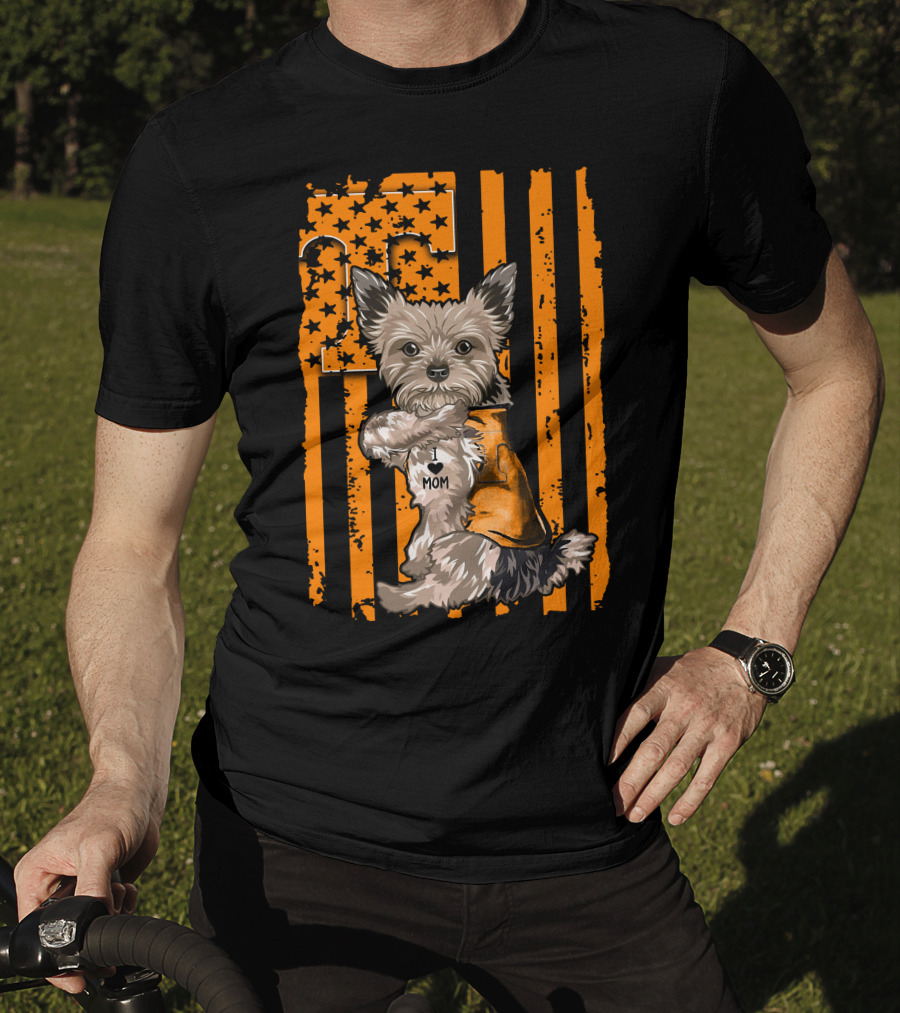 Yorkshire Terrier I Love Mom Tennessee Volunteers Orange Stars And Stripes Football Flag T-Shirt