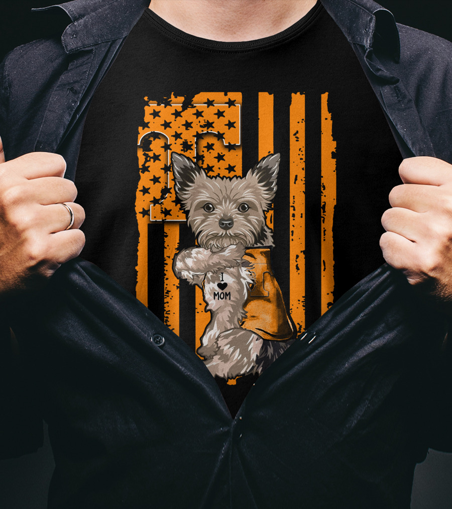 Yorkshire Terrier I Love Mom Tennessee Volunteers Orange Stars And Stripes Football Flag T-Shirt