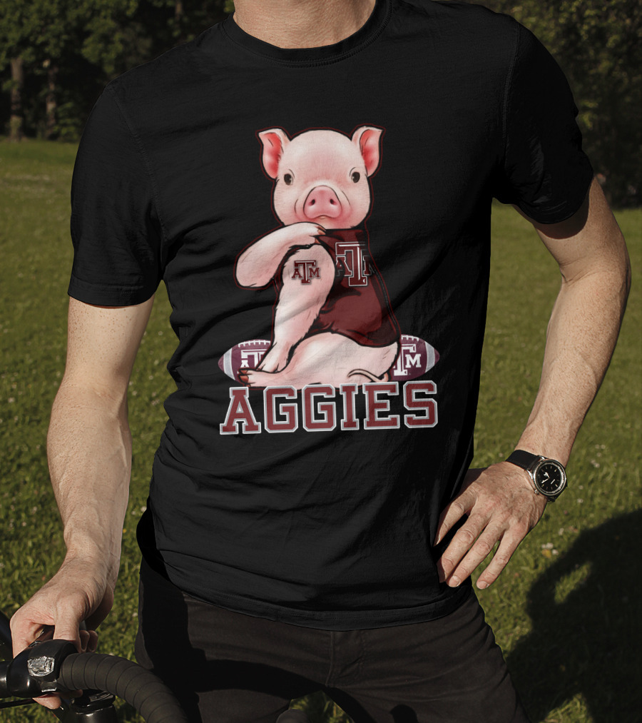 Pig Wearing Texas A&M Aggies Logo Sitting On Aggies Football T-Shirt