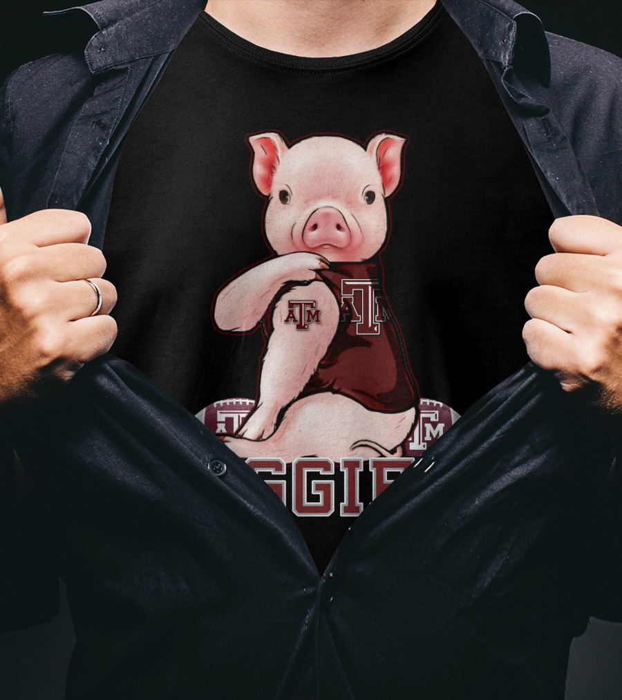 Pig Wearing Texas A&M Aggies Logo Sitting On Aggies Football T-Shirt