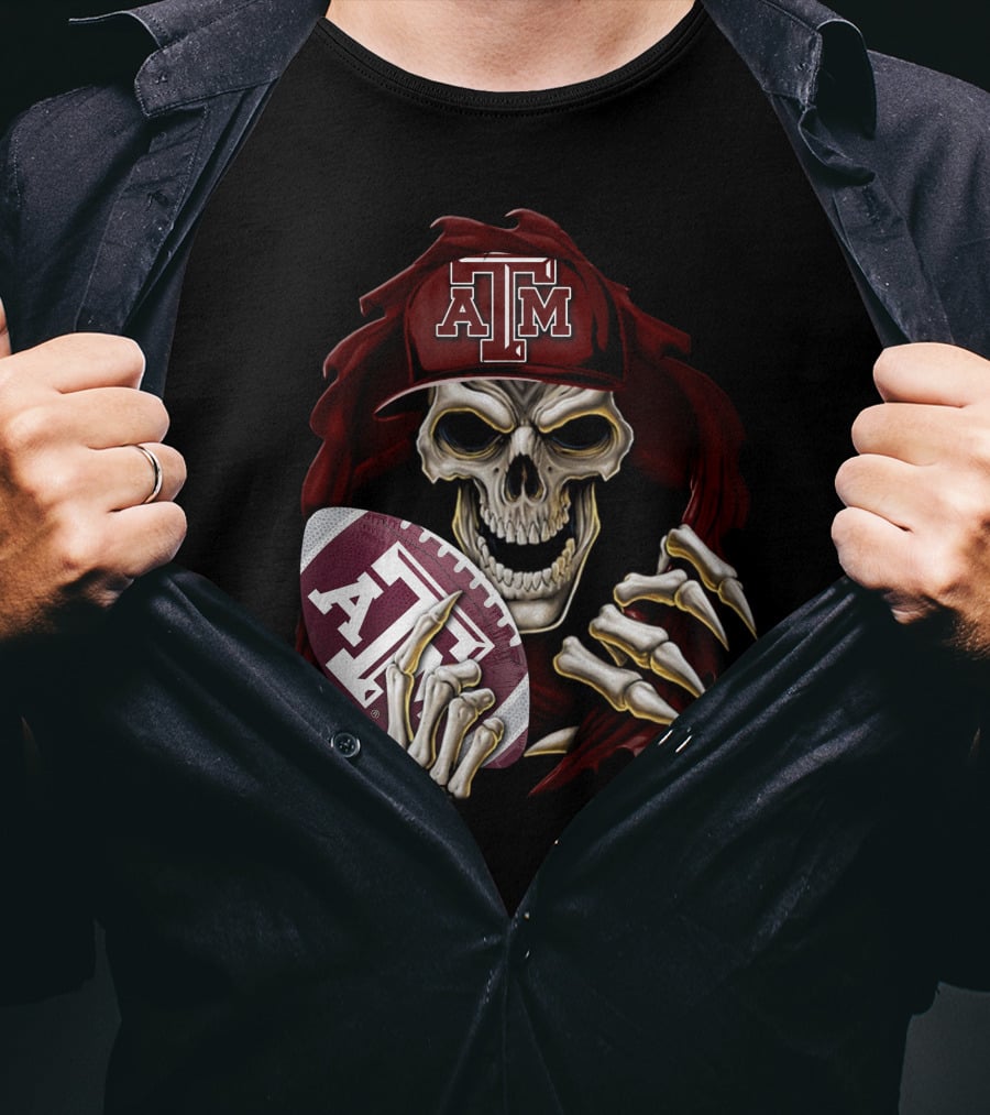 Skullbong Texas A&M Aggies Skeleton With Football And Cap T-Shirt