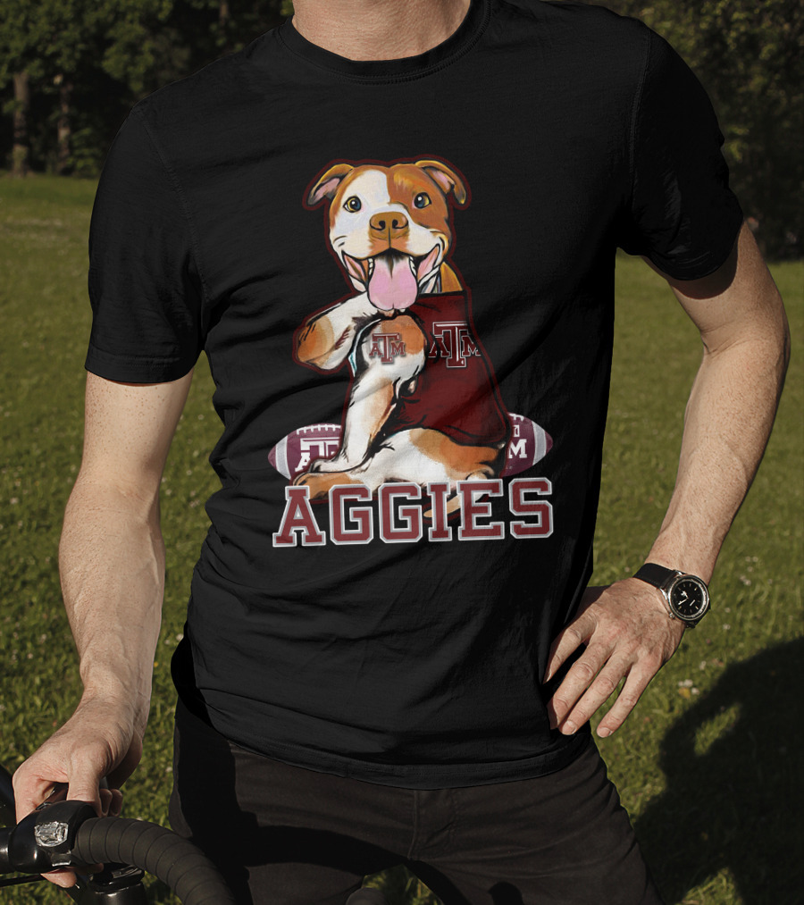 Pitbull Wearing Texas A&M Aggies Logo With Football T-Shirt