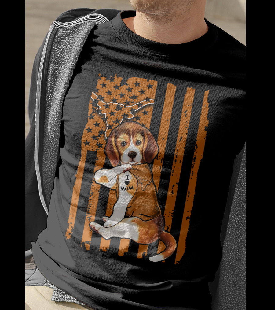 Beagle I Love Mom Texas Longhorns American Flag T-Shirt