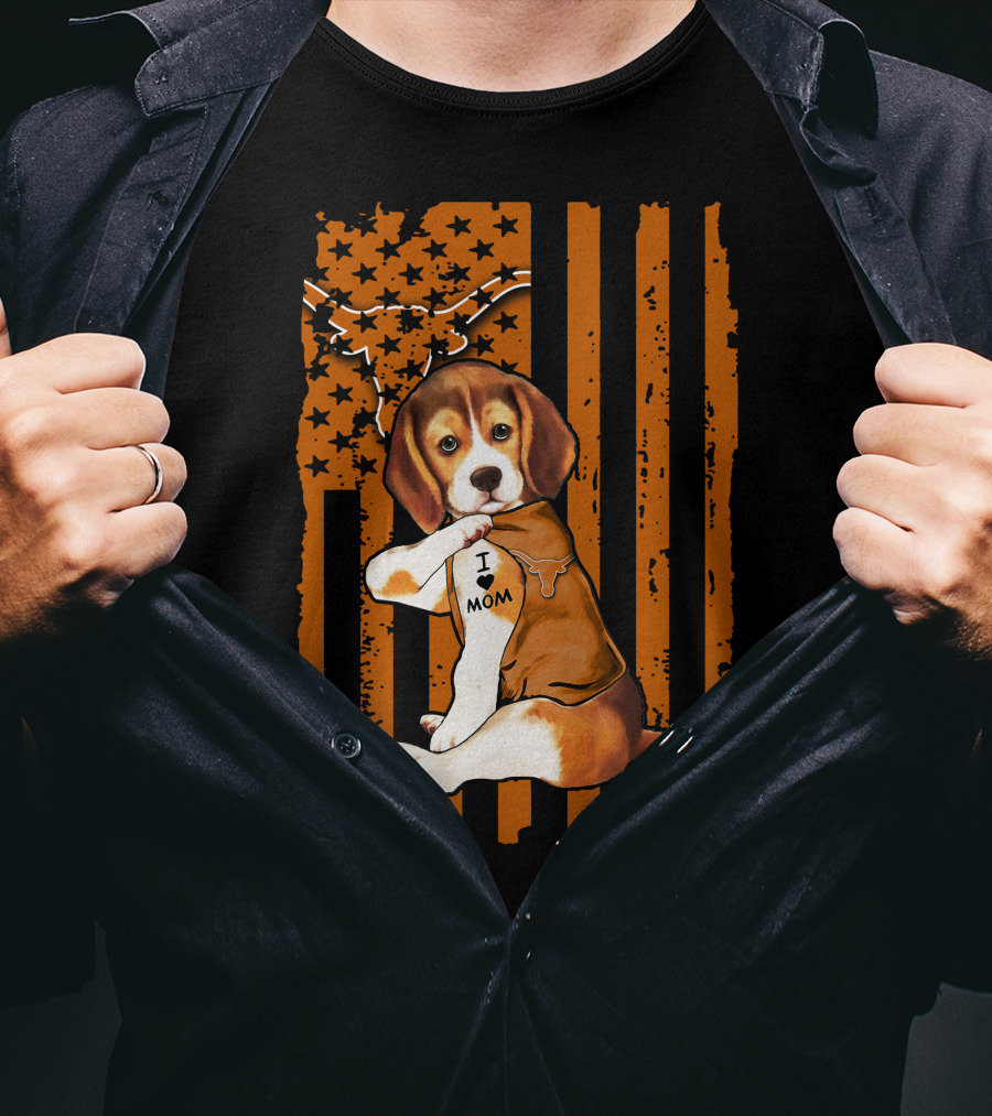 Beagle I Love Mom Texas Longhorns American Flag T-Shirt