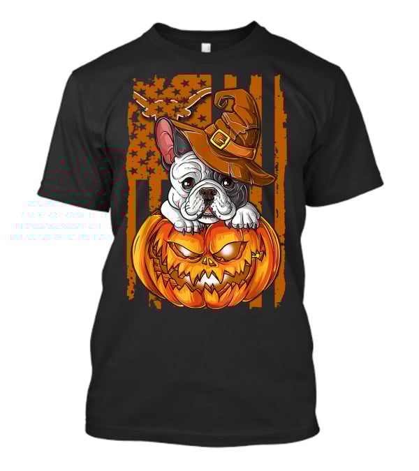 Hlw Bulldog Halloween Pumpkin Wizard Hat Stars Stripes T-Shirt