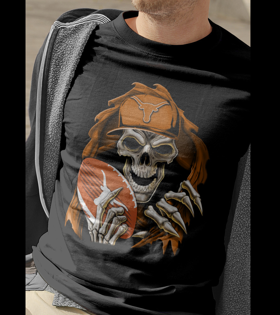 Texas Longhorns Skull With Football And Cap T-Shirt