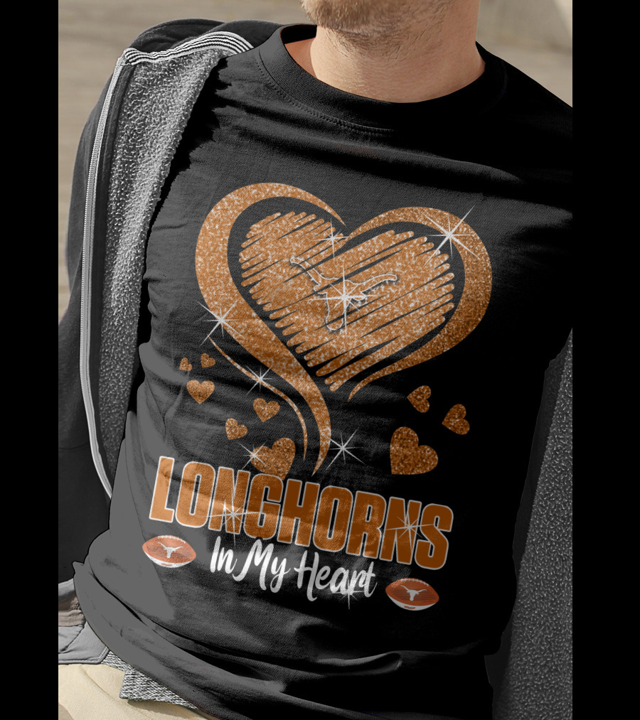 Longhorns In My Heart Glittering Orange With Football Icons T-Shirt