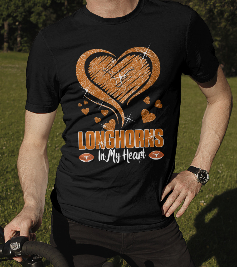 Longhorns In My Heart Glittering Orange With Football Icons T-Shirt