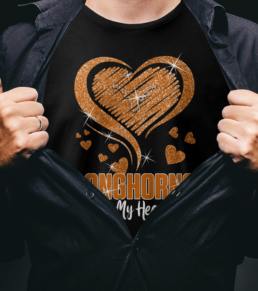 Longhorns In My Heart Glittering Orange With Football Icons T-Shirt