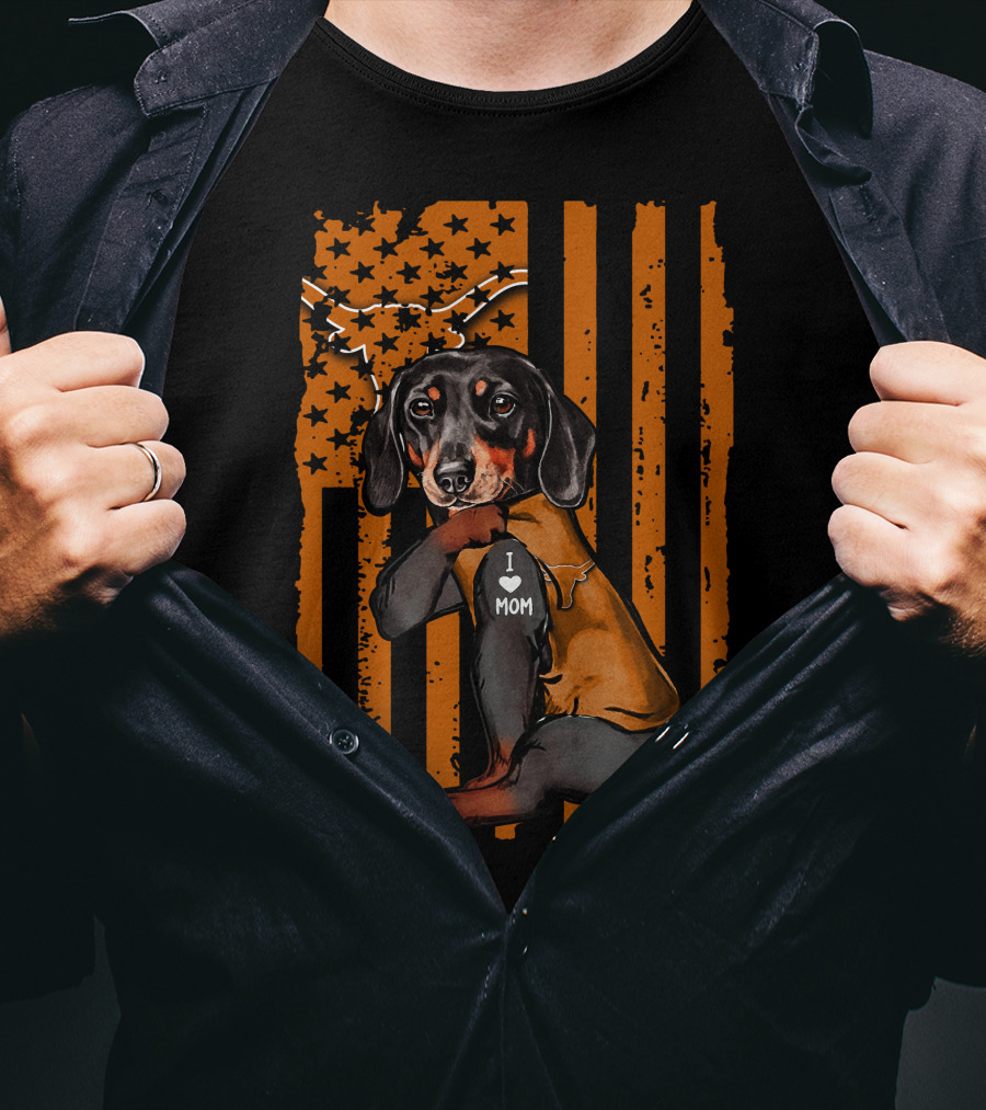 Dachshund I Love Mom Texas Longhorns American Flag Stars Stripes T-Shirt