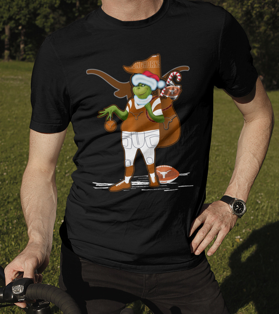 Grinchxmas Longhorns Santa Hat Football Candy Cane T-Shirt