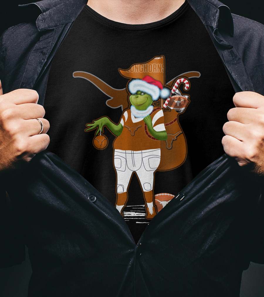 Grinchxmas Longhorns Santa Hat Football Candy Cane T-Shirt