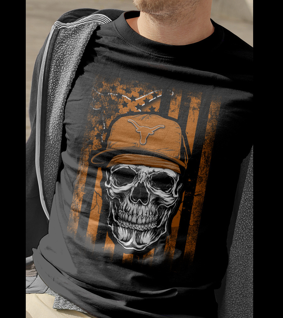 Skull Texas Longhorns Orange Hat Grunge Flag T-Shirt