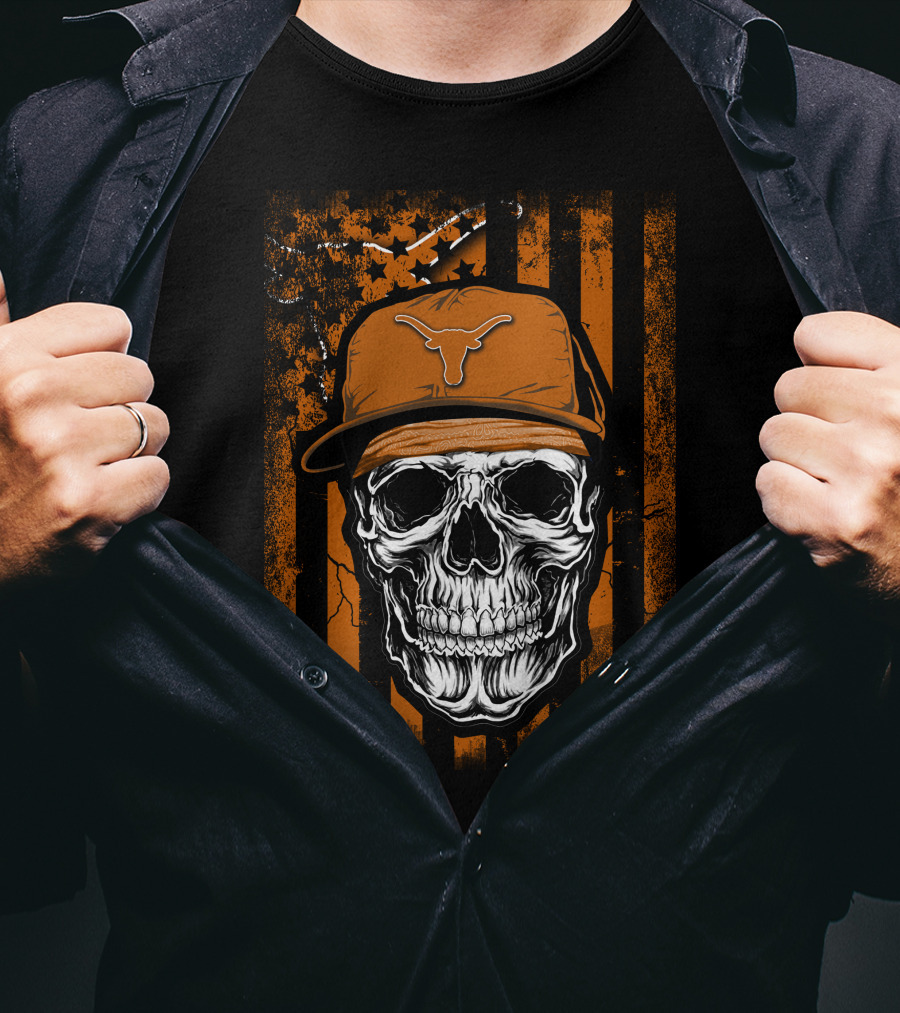 Skull Texas Longhorns Orange Hat Grunge Flag T-Shirt