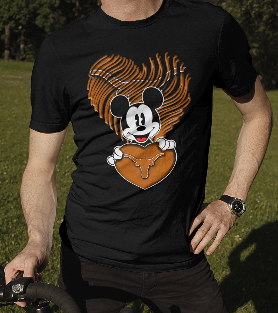 Mick Mouse And Texas Longhorns Heart T-Shirt