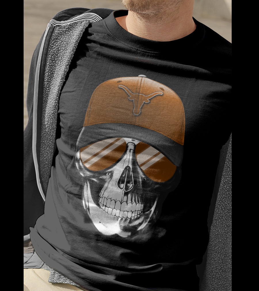 Skull With Texas Longhorns Cap And Sunglasses T-Shirt