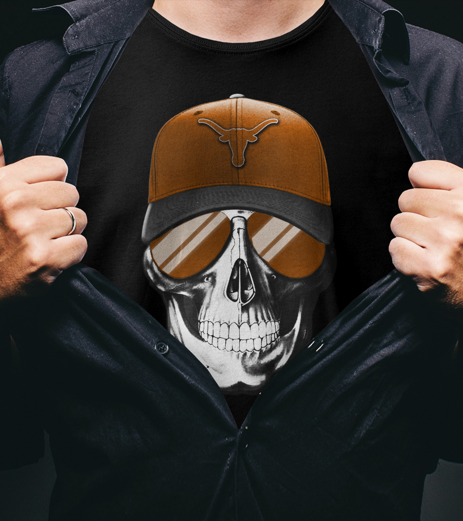 Skull With Texas Longhorns Cap And Sunglasses T-Shirt