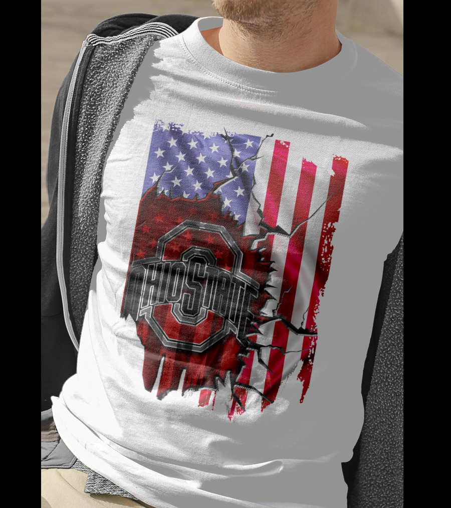 Ohio State Buckeyes Logo With Torn American Flag Background T-Shirt