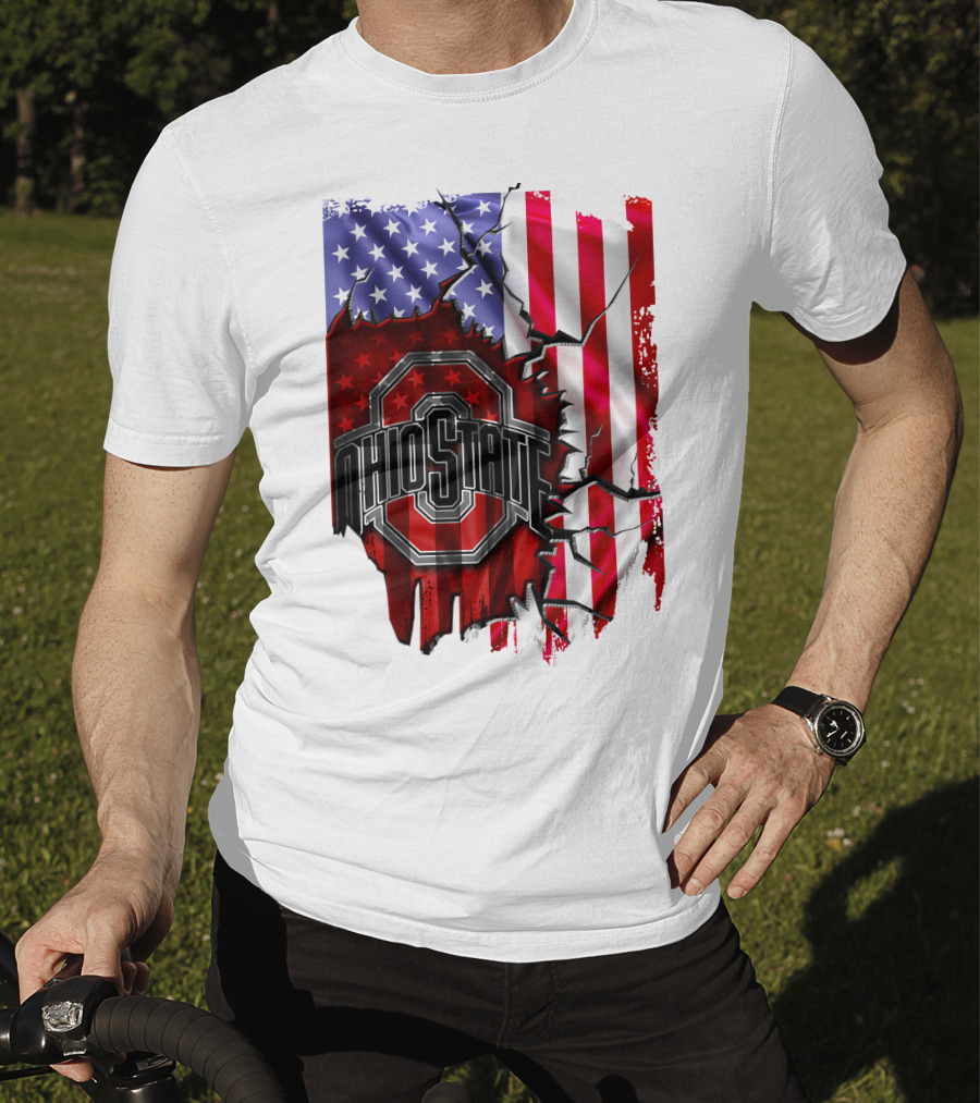 Ohio State Buckeyes Logo With Torn American Flag Background T-Shirt