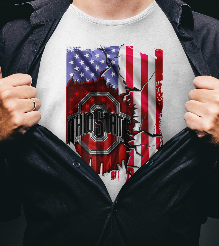 Ohio State Buckeyes Logo With Torn American Flag Background T-Shirt