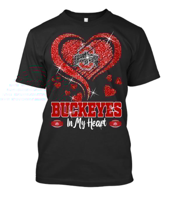 Buckeyes In My Heart Ohio State University Red Glitter Hearts Football T-Shirt