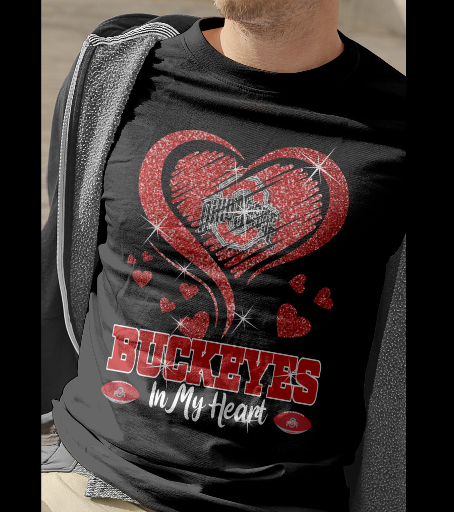 Buckeyes In My Heart Ohio State University Red Glitter Hearts Football T-Shirt