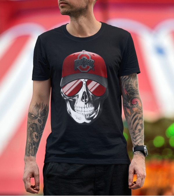 Premium T-Shirt: Ohio State Buckeyes Skull with Red Cap and Sunglasses T-Shirt Ohio State Buckeyes Skull with Red Cap and Sunglasses T-Shirt